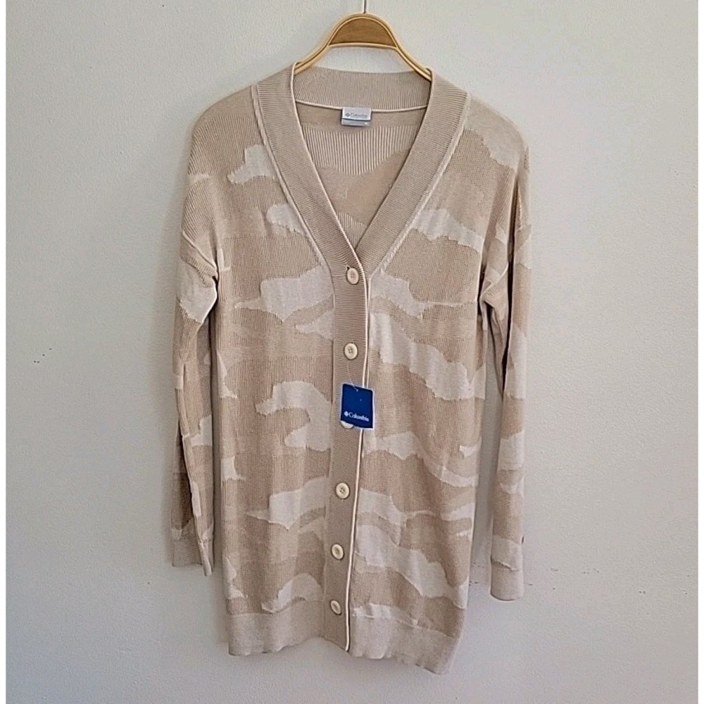 Columbia Firwood Cardigan Beige Camouflage Button Up Thermal Knit Casual Preppy